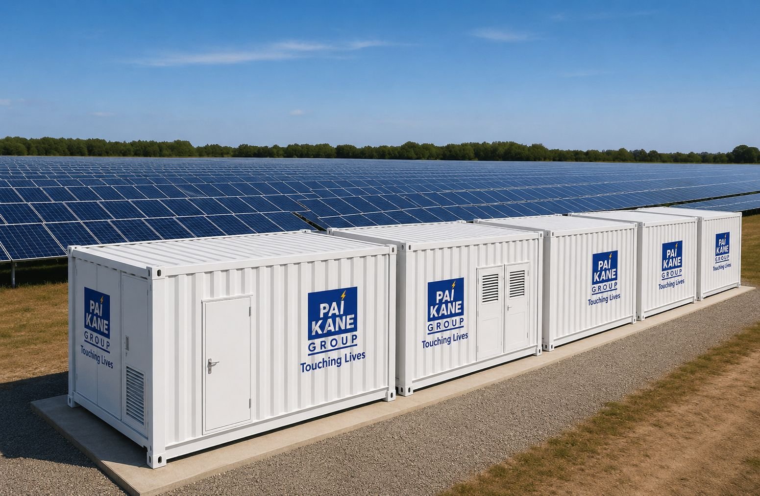 Row of white steel battery energy storage enclosures installed beside a solar field.