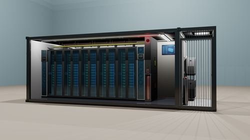Cutaway render of an enclosure fitted with switchgear and electrical cabinets inside.