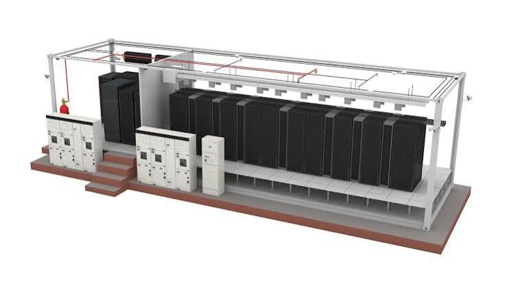 Line render of a steel enclosure's bare structural frame with switchgear bay inside.