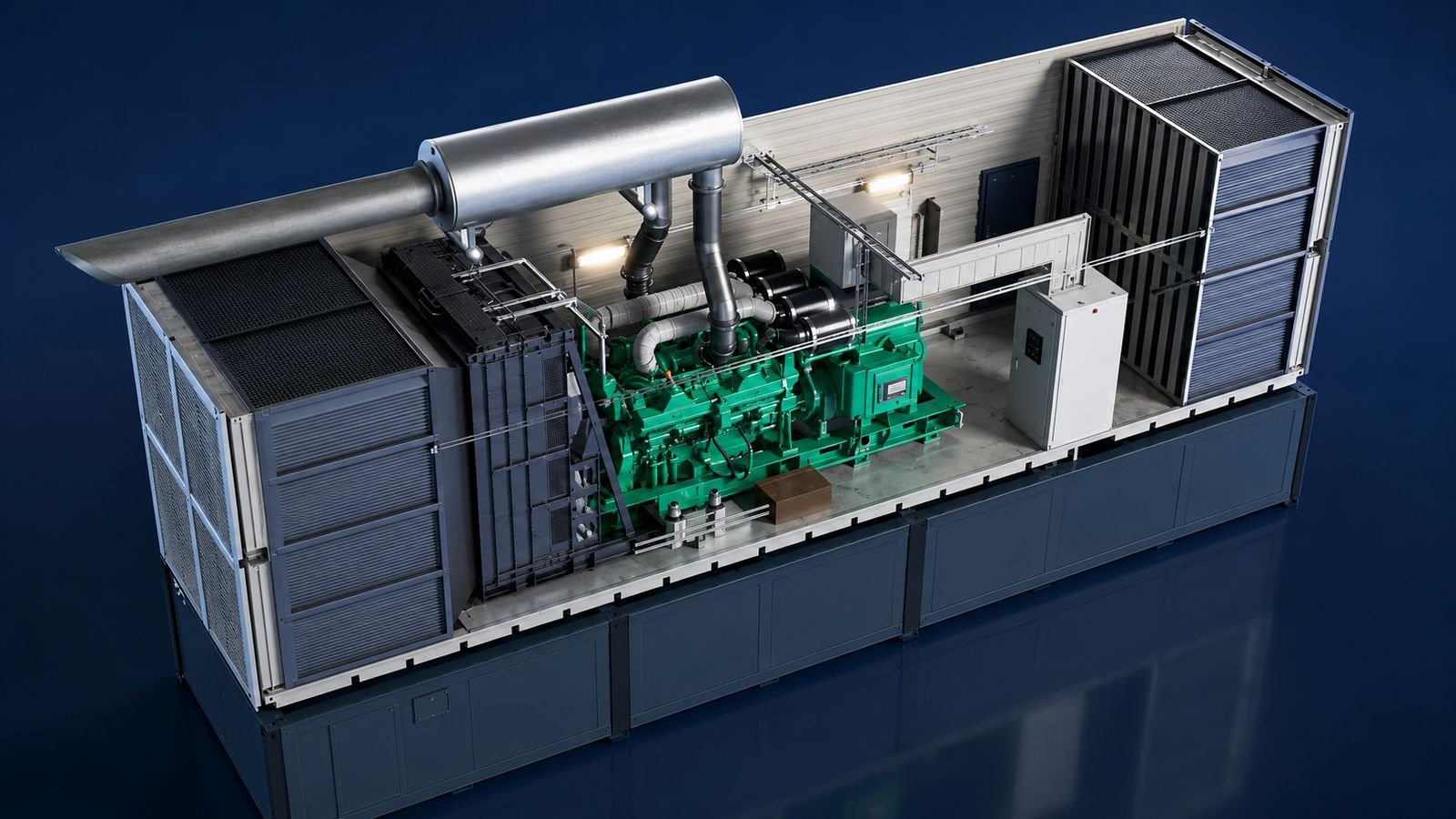 Studio render of a steel engine enclosure and switchgear assembly, showing the structural and electrical fit-out.