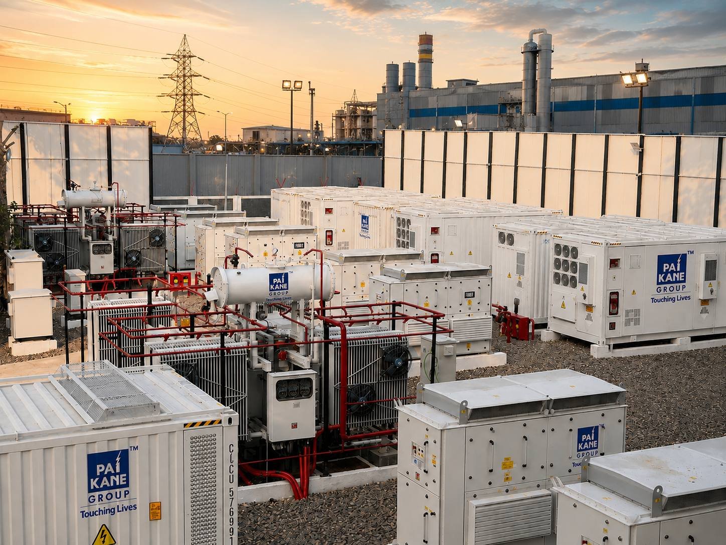 Powervault and transformer enclosures on site at dusk, with industrial infrastructure in the background.