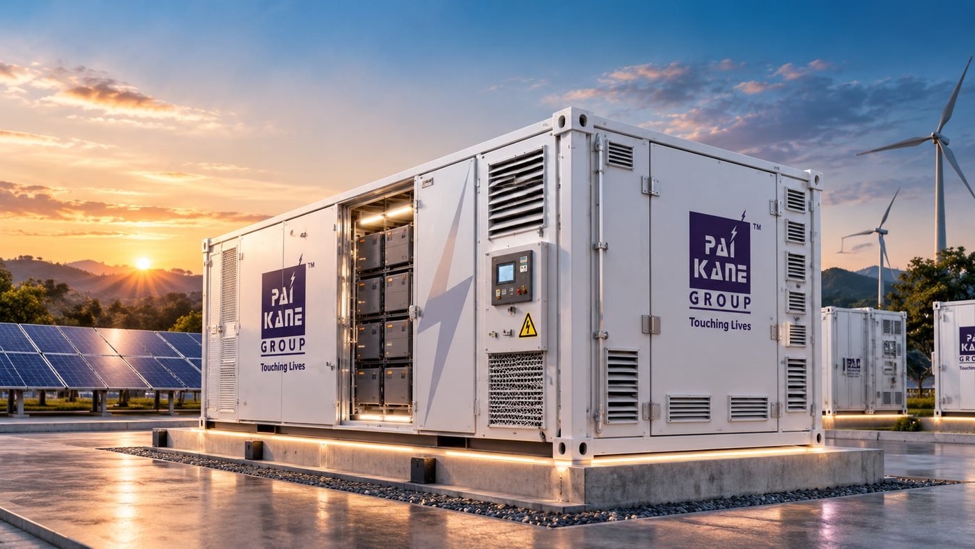 Steel battery energy storage enclosure with an open battery rack bay on a concrete plinth, beside solar panels and wind turbines at sunset.