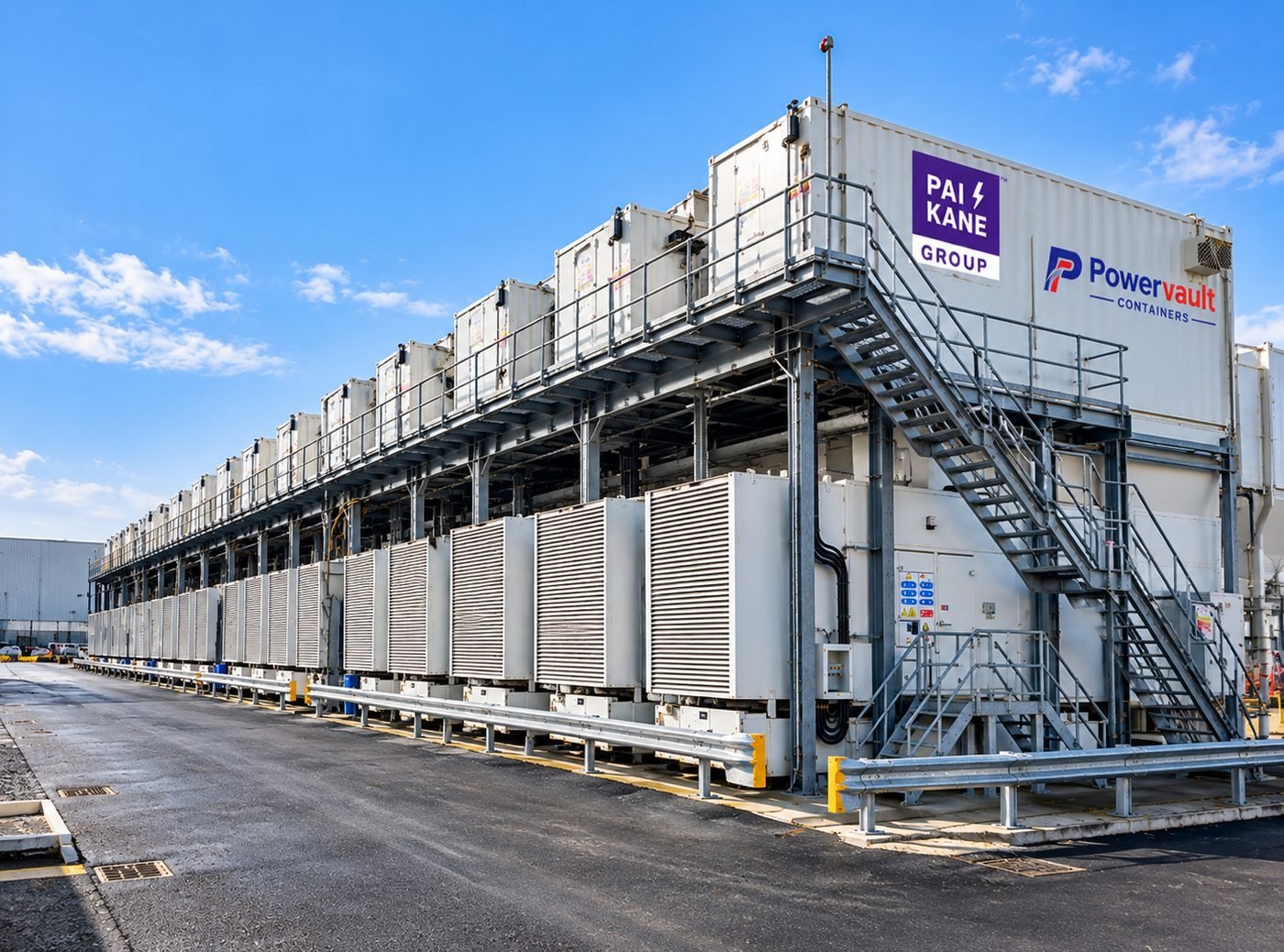 Rows of Powervault genset enclosures stacked on a steel gantry with access stairs and guard rails, in a data centre power yard.