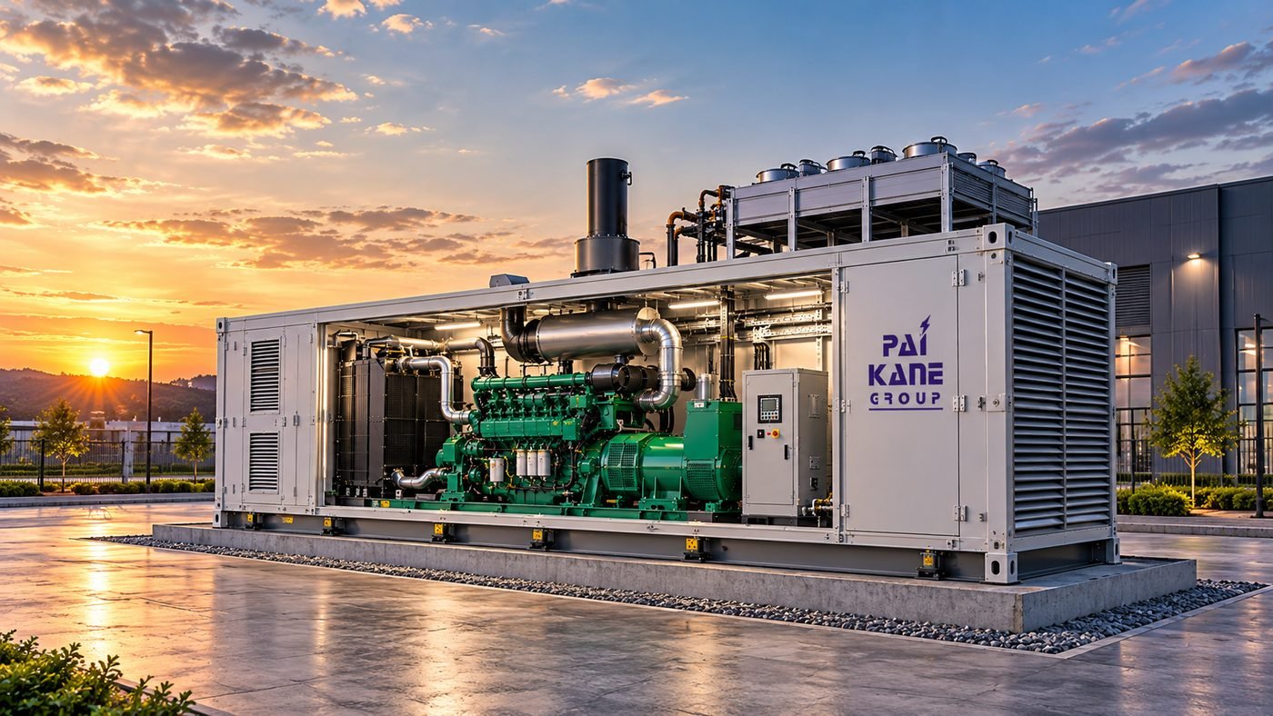 Cutaway view of a steel generator enclosure showing the engine, alternator, exhaust silencer and control panel on a concrete pad.