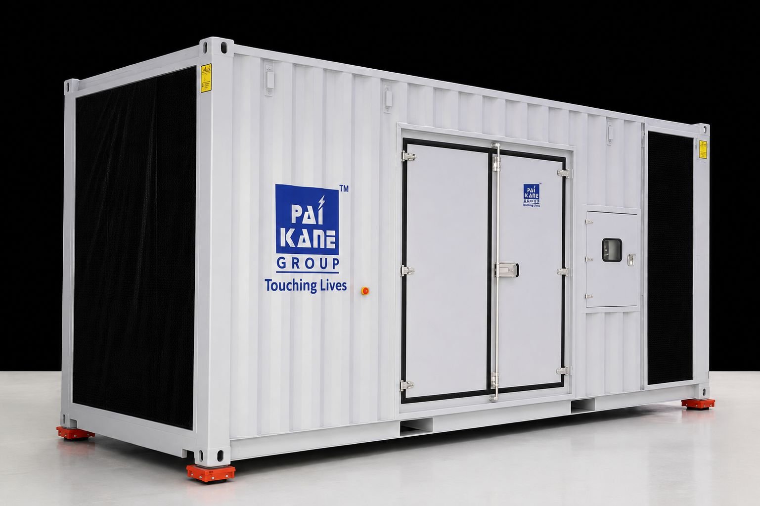 Finished corrugated steel enclosure with double doors, standing on levelling feet.